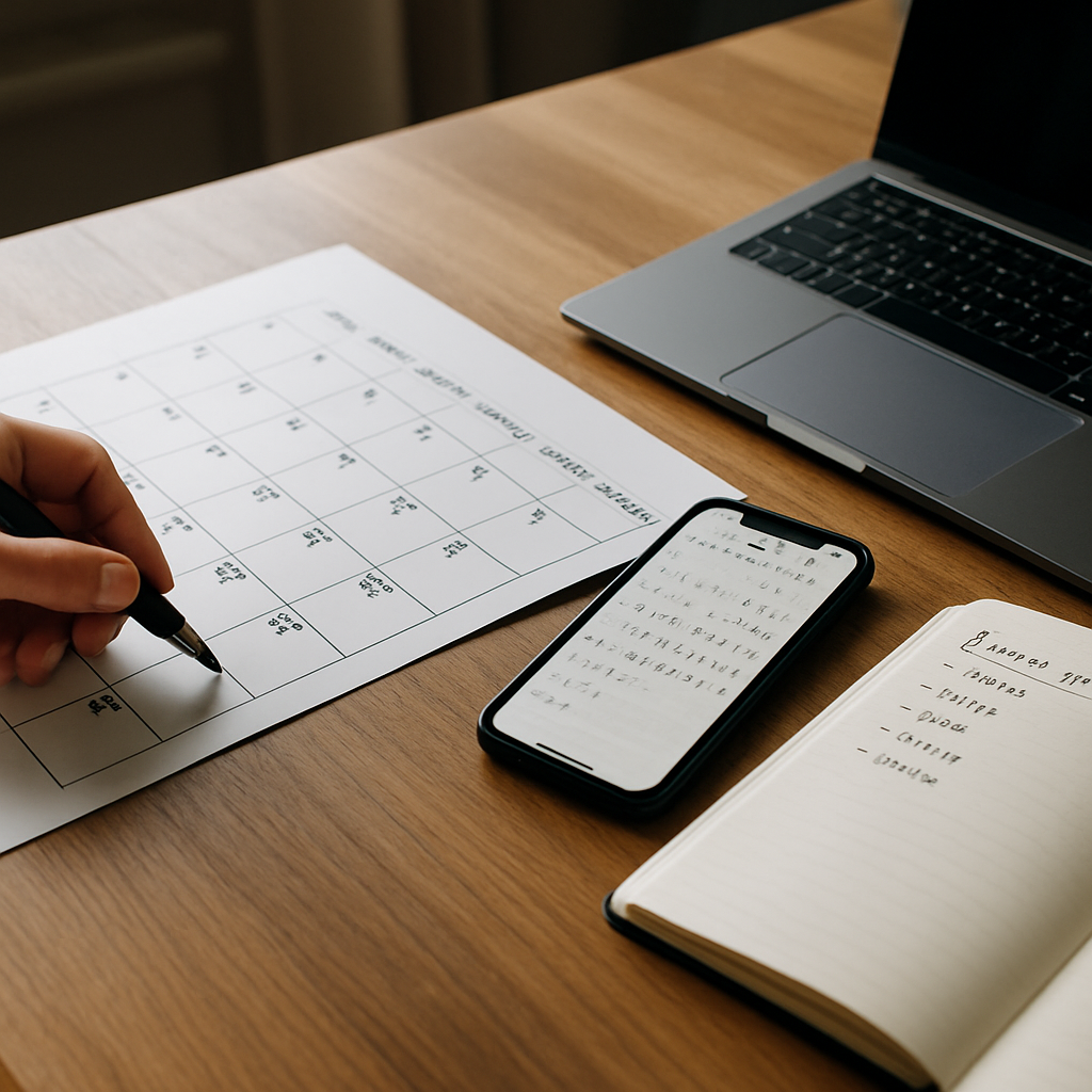 table de travail avec planning et téléphone