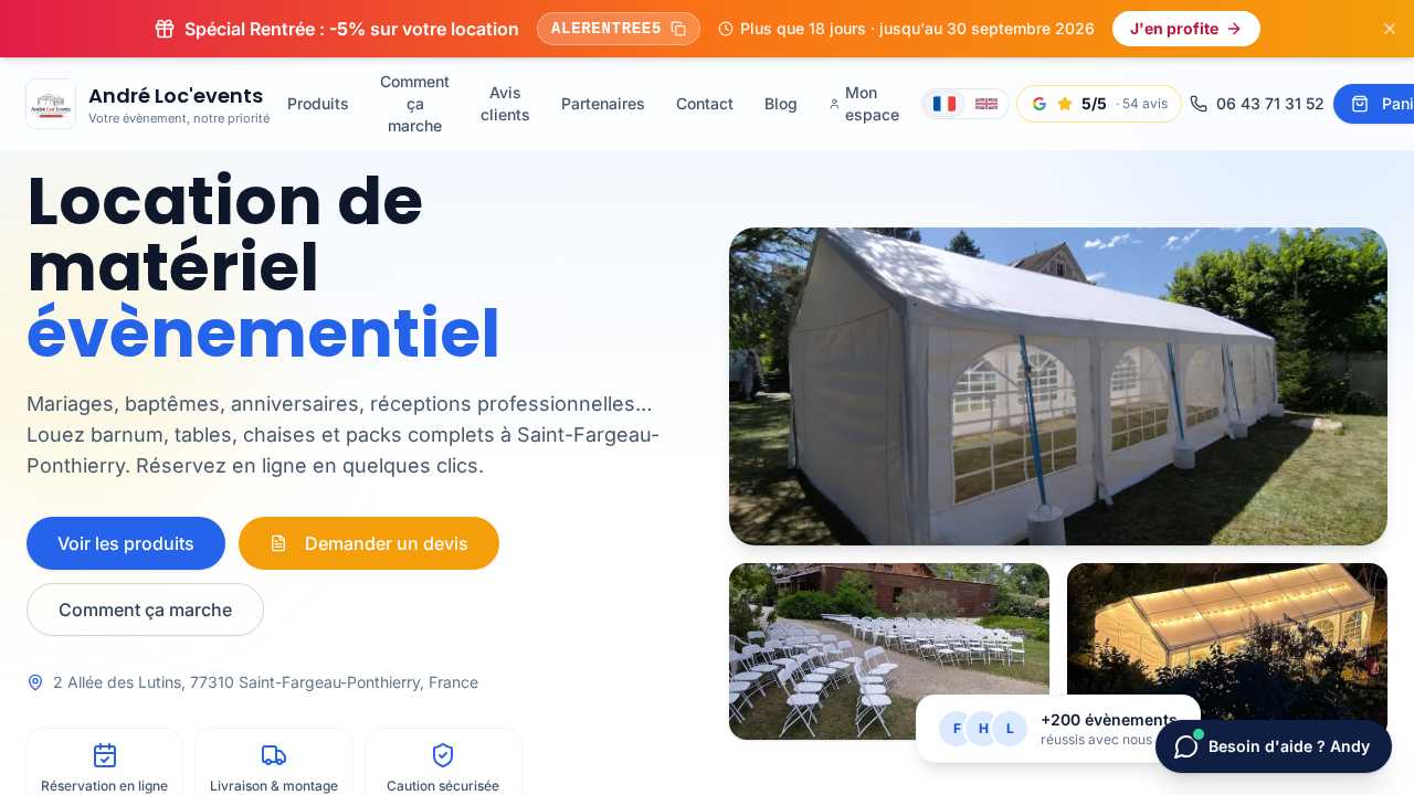 Page d'accueil de la plateforme André Loc'Events
