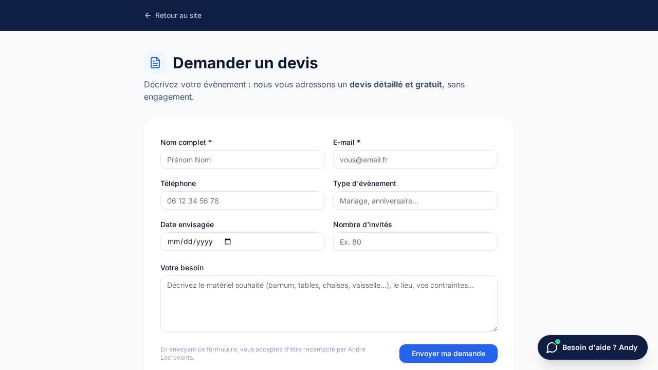 Formulaire de devis en ligne André Loc'Events
